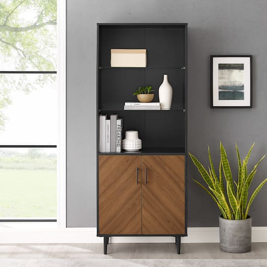 Walker Edison 68" Solid Black Hutch with Bookmatch Doors